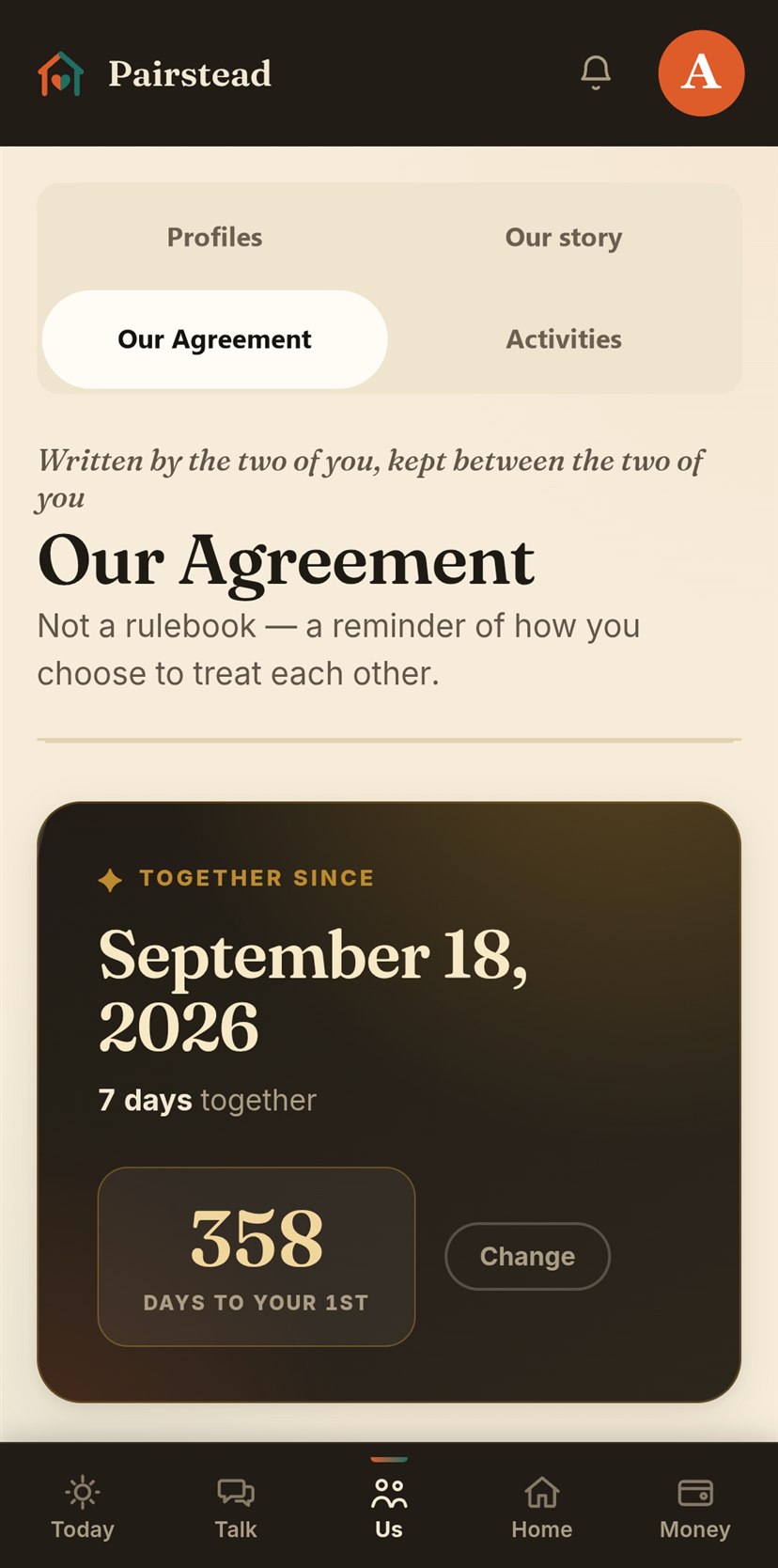 Our Agreement: the date the two of them got together, with a countdown to their first anniversary, under a heading that says it is not a rulebook.