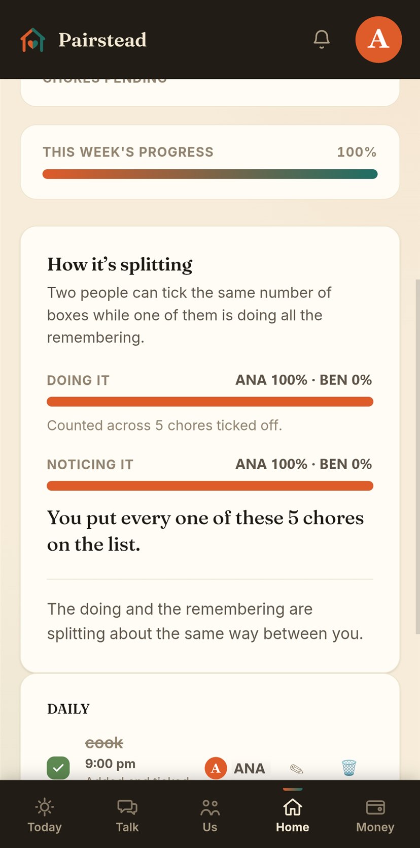 The chores screen: this week's progress, and two separate bars — Doing it, and Noticing it — each split between Ana and Ben.