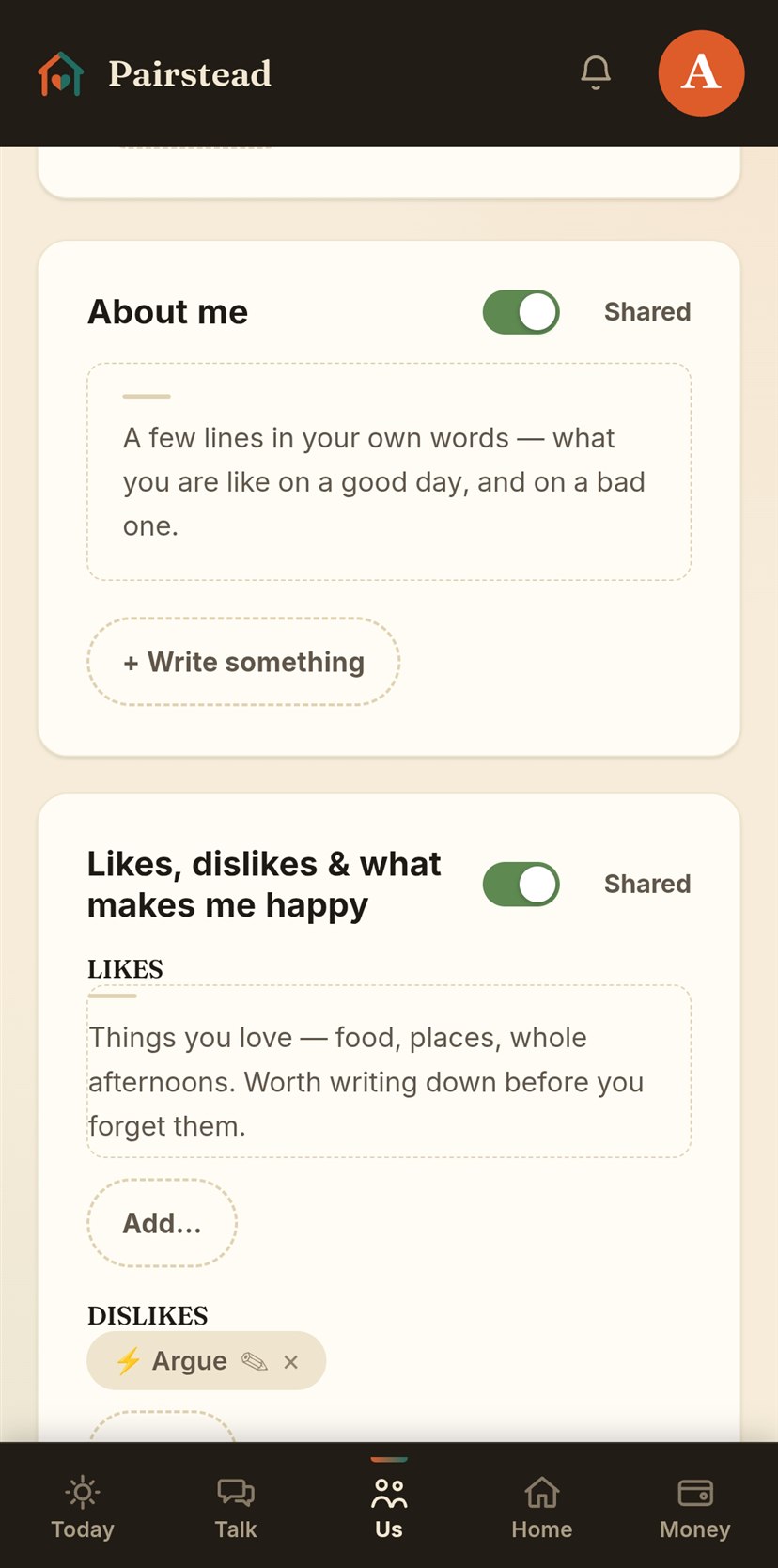 A profile: an About me block and a Likes, dislikes and what makes me happy block, each with a switch showing it is shared with the partner.