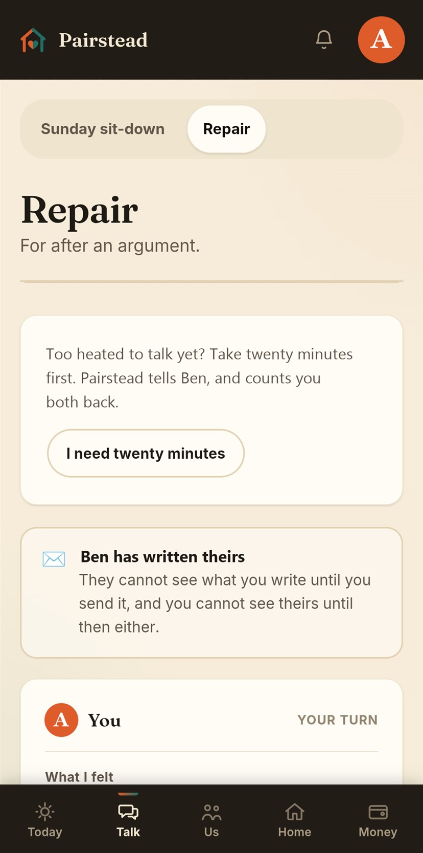 The Repair screen: an offer of twenty minutes first, and a note that Ben has written his half, which stays sealed until Ana has written hers.