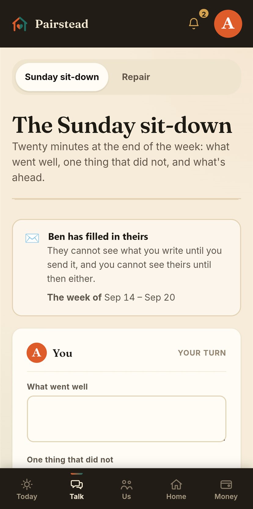 The Sunday sit-down: a note that Ben has filled in his half, which stays sealed until Ana has written hers, and the first of her three boxes.