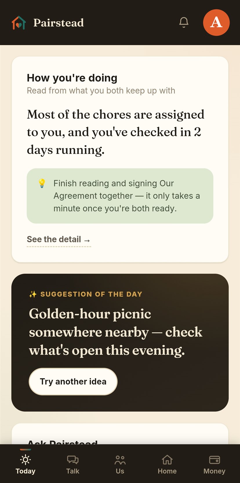 Pairstead's Today screen: a short reading of how the two of them are doing, with a suggestion for the evening underneath.